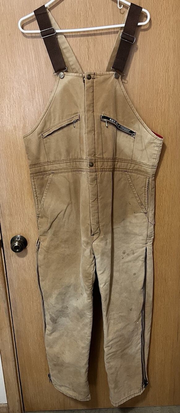 Vintage Key Imperial Large Insulated Duck Canvas Bib Overalls Brown Red Lined